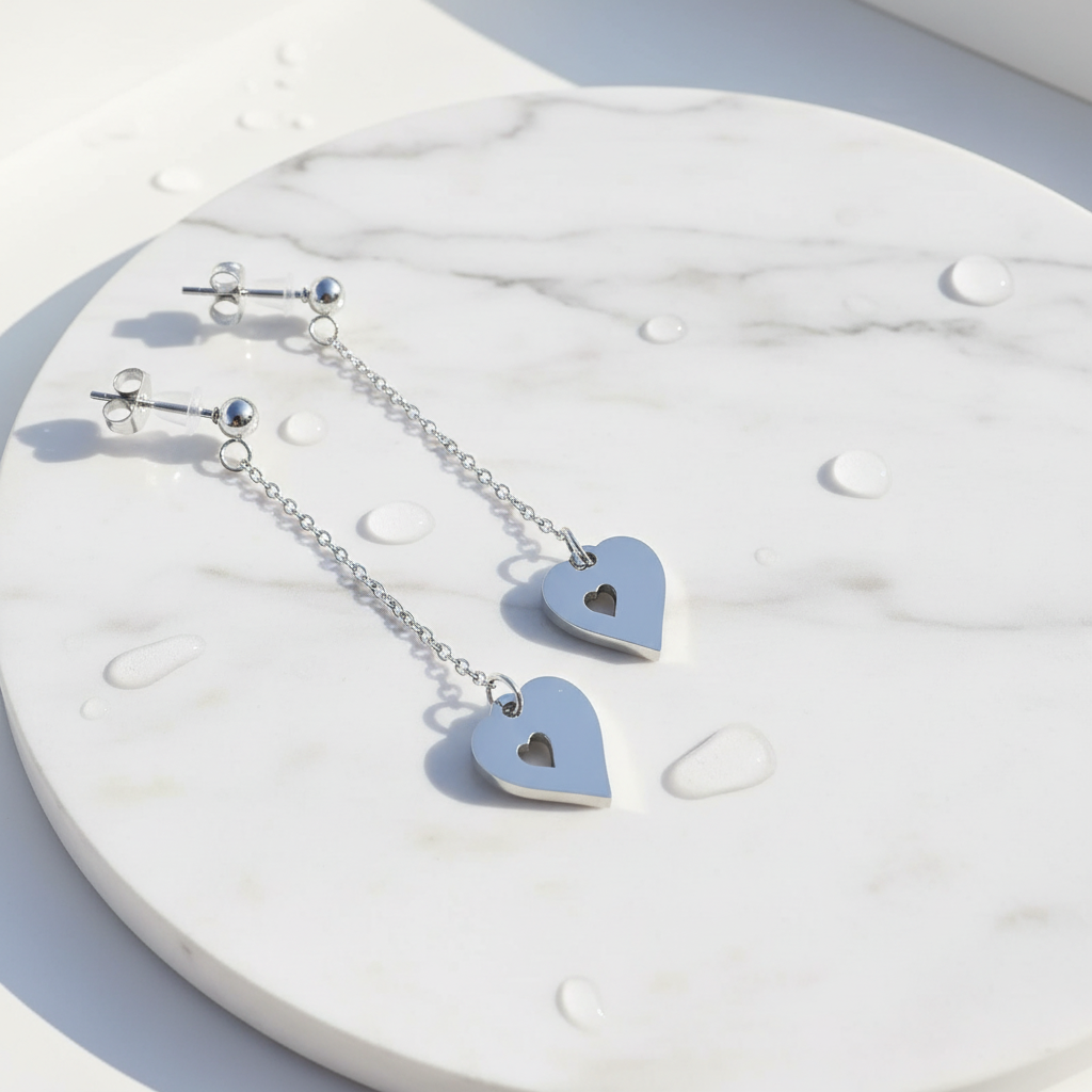 Heart-shaped earrings on a marble surface