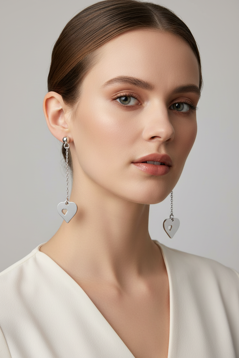 Woman wearing silver heart-shaped earrings against a neutral background
