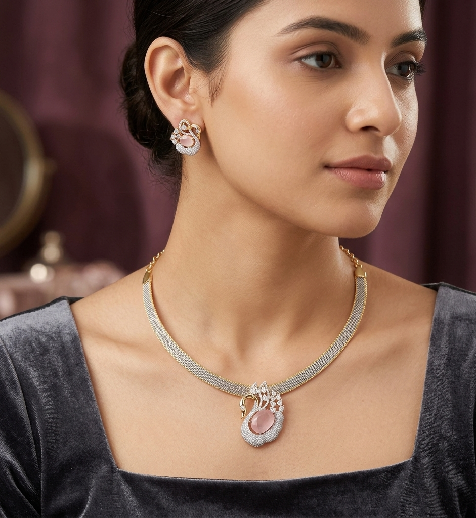 Double Tone CZ Swan Motif Pendant Necklace Set Pave Diamond Mesh Chain with Oval Stone and Matching Earrings