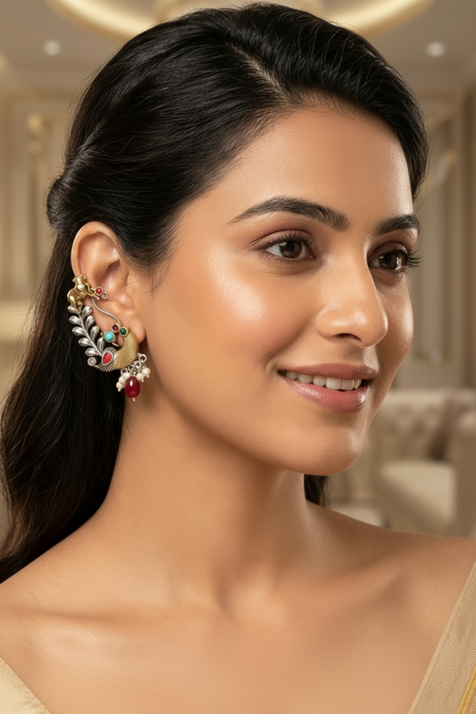 Peacock Motif Cuff Earrings - Temple Inspired Chandbali Style