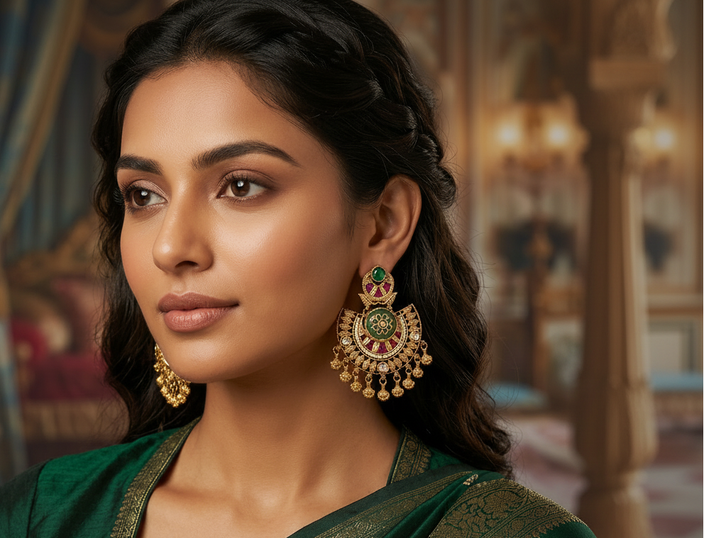 Woman wearing antique gold plated dangle earrings with a green background