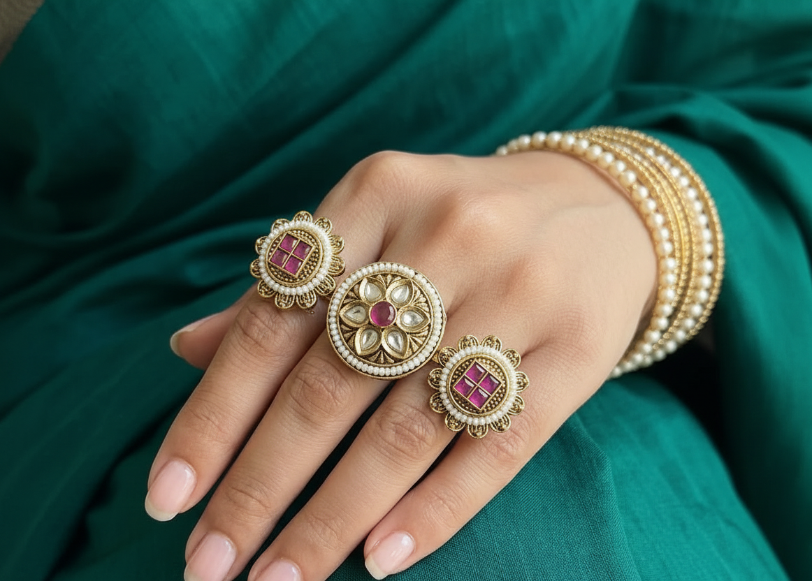 Gold tow finger rings with pink gemstones on a hand wearing a green saree.