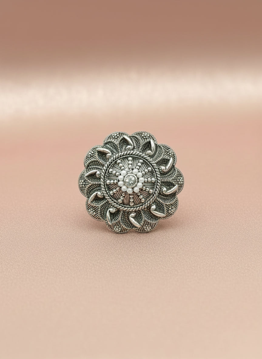 Oxidized Silver Floral Statement Ring