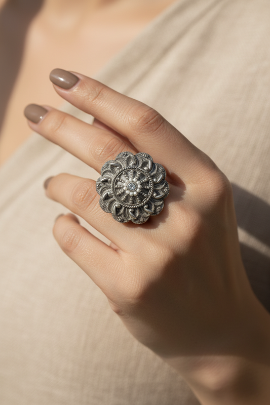 Oxidized Silver Floral Statement Ring