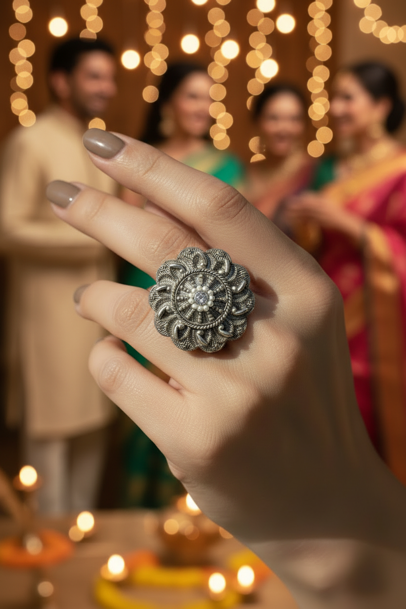 Oxidized Silver Floral Statement Ring