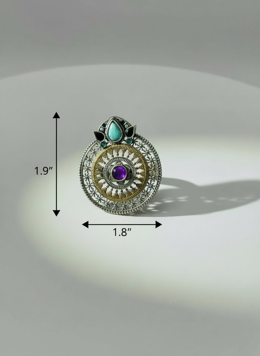 Turquoise & Ruby Temple Medallion Ring - Dual Tone Adjustable