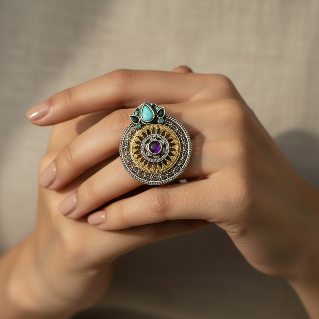 Turquoise & Ruby Temple Medallion Ring - Dual Tone Adjustable