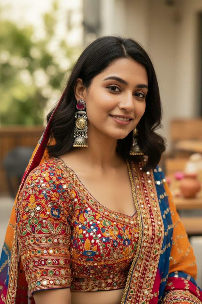 Pair of ornate earrings on a white stand against a light gray background
