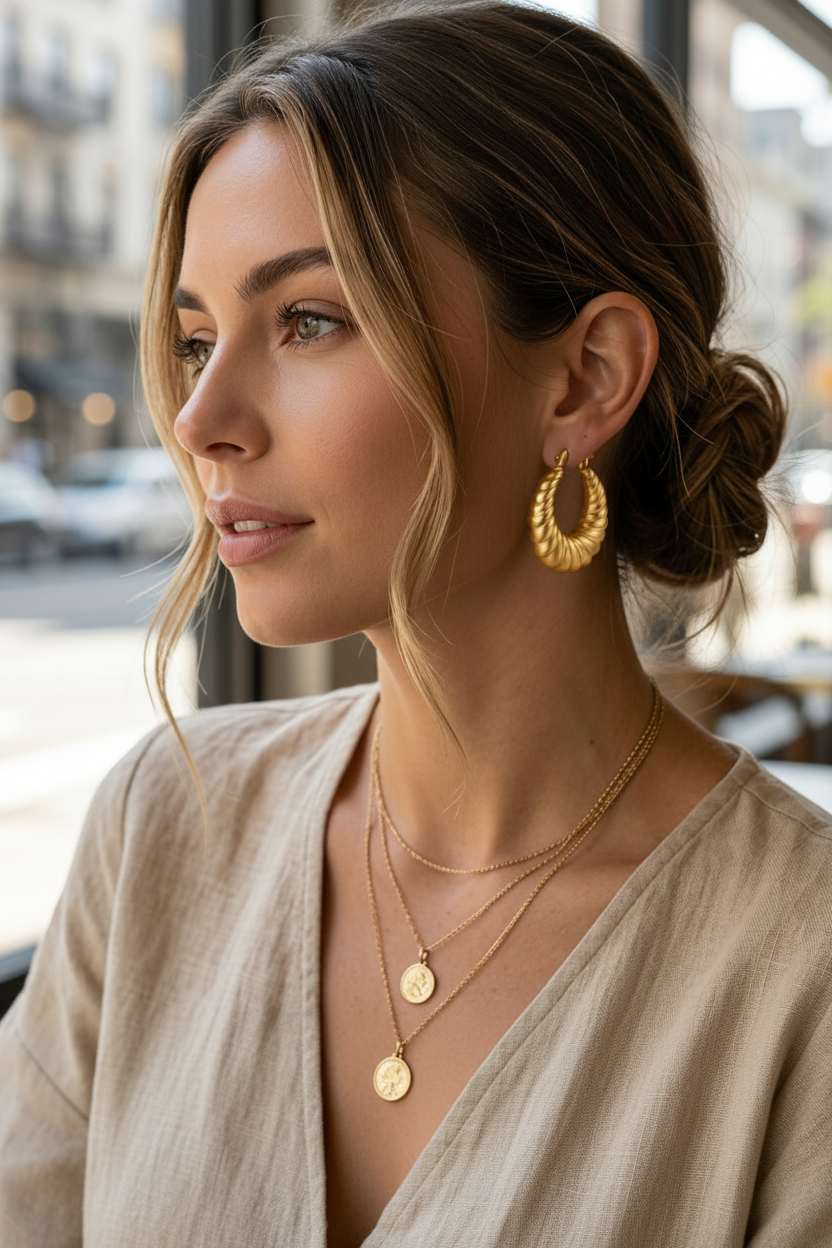 Woman wearing gold earrings and necklaces in an urban setting