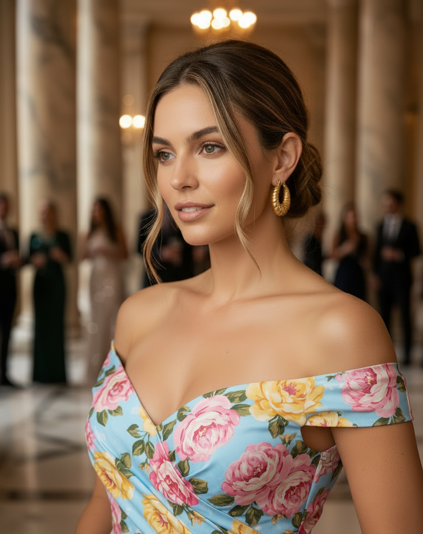 Woman wearing a floral off-shoulder dress in an elegant indoor setting