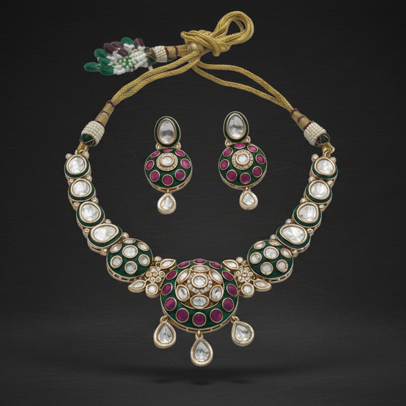 Jewelry set with green necklace and earrings on a white background