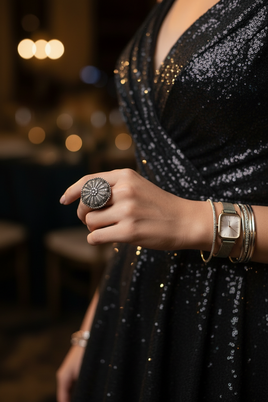 Close-up of a person wearing a green sequined dress with a decorative ring and bracelet.