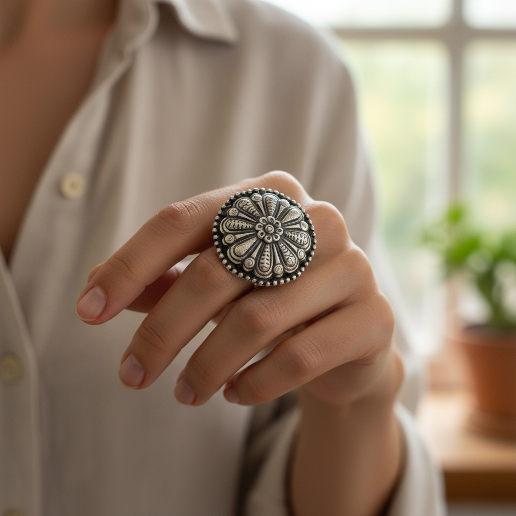 Chunky Vintage Oxidized German Silver Floral Medallion Ring