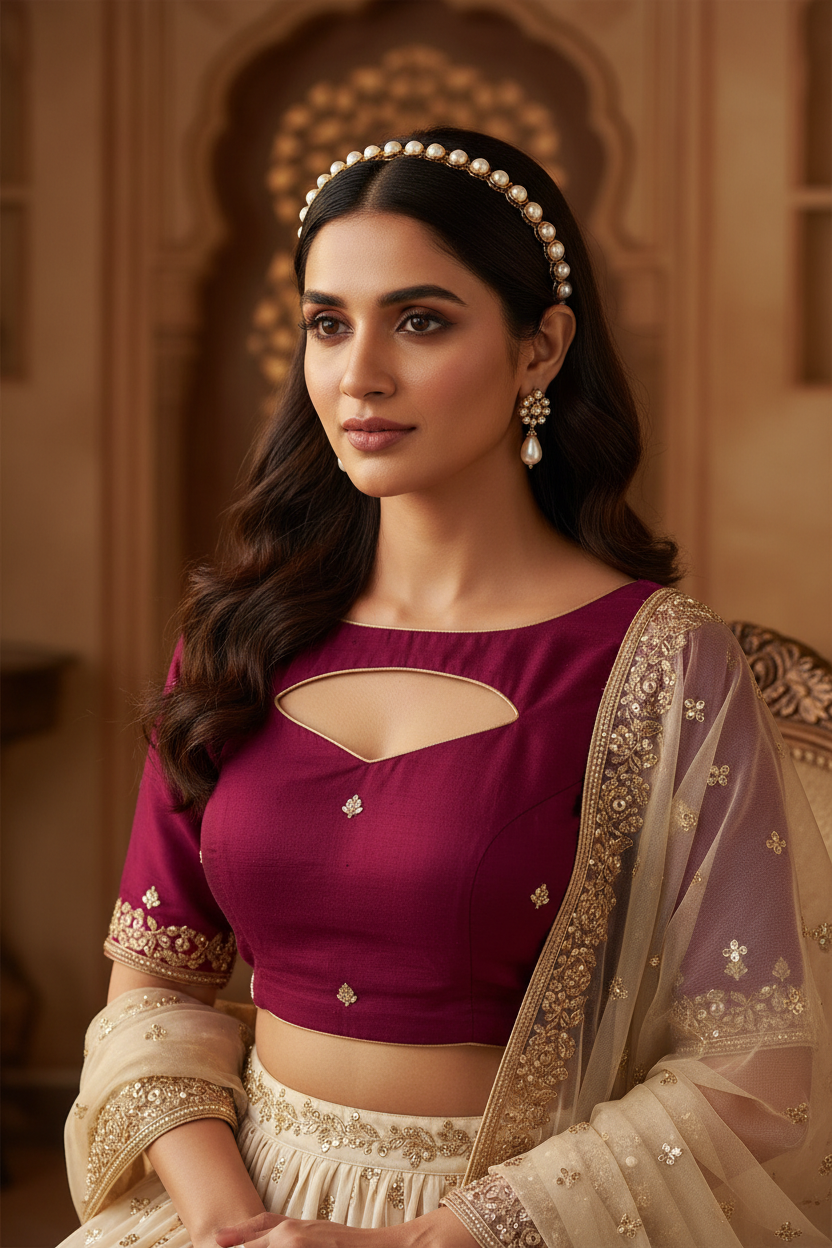 Woman in traditional maroon blouse and beige saree with jewelry against a warm-toned background