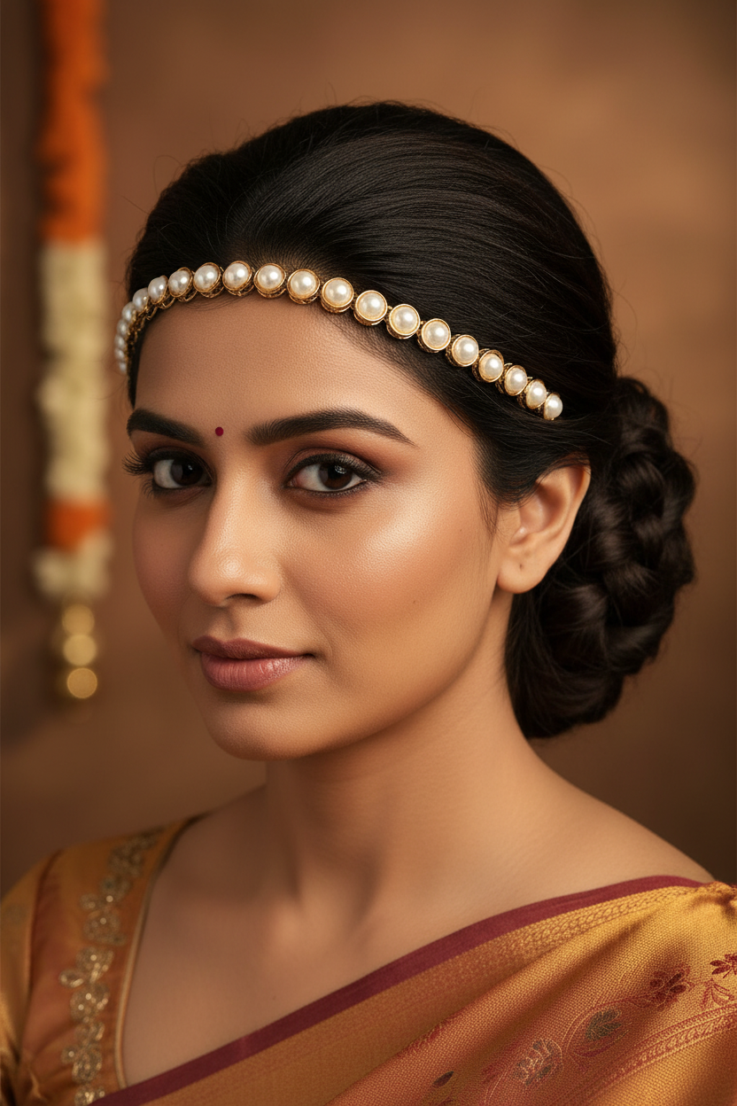 Woman wearing a traditional saree with a pearl headband against a warm brown background
