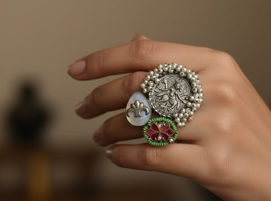 Vintage Antique Temple Ring Oxidized Silver Statement Ring with Pearl Border