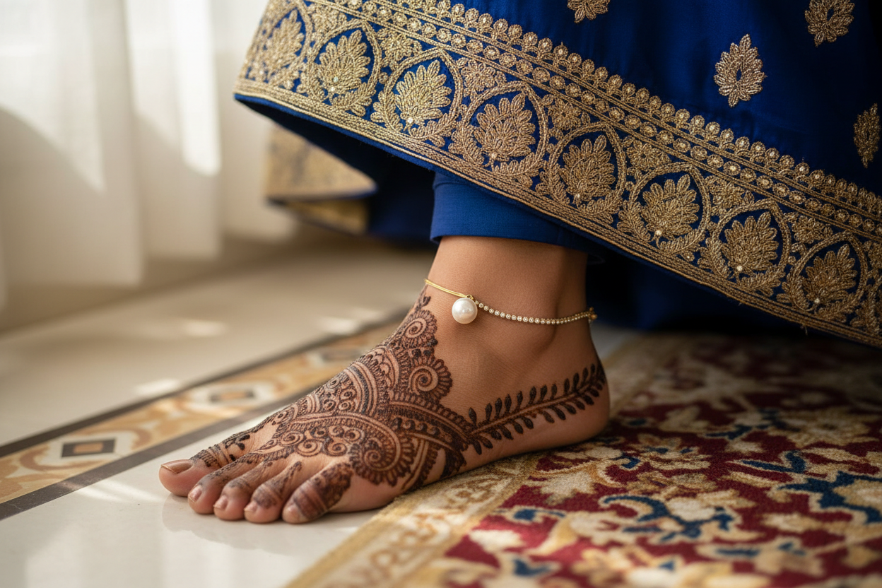 Foot with intricate henna design wearing a blue anti tranish pear anklet.