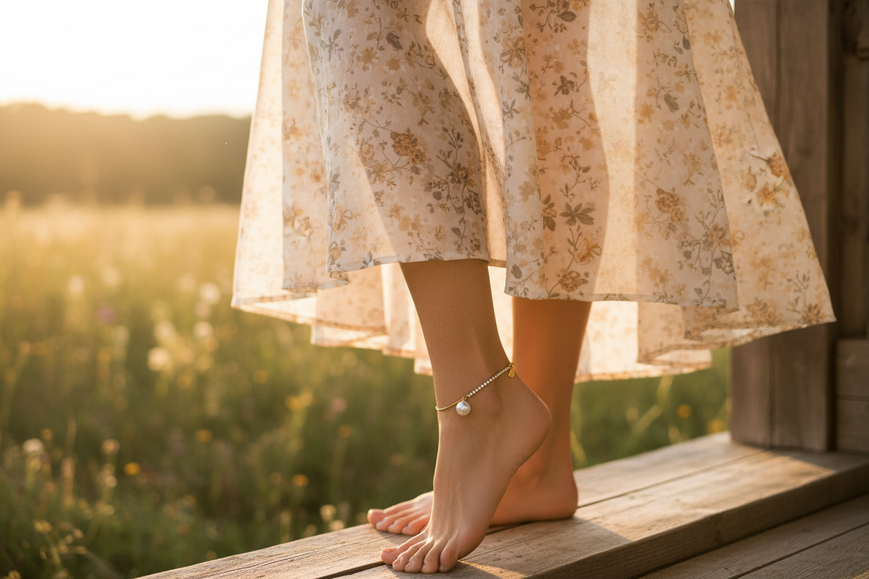 Person wearing a floral dress and pear anklet standing on a wooden platform with a blurred natural background