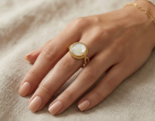 Oval Nacre Cabochon Statement Ring | 18K Gold Plated | Adjustable