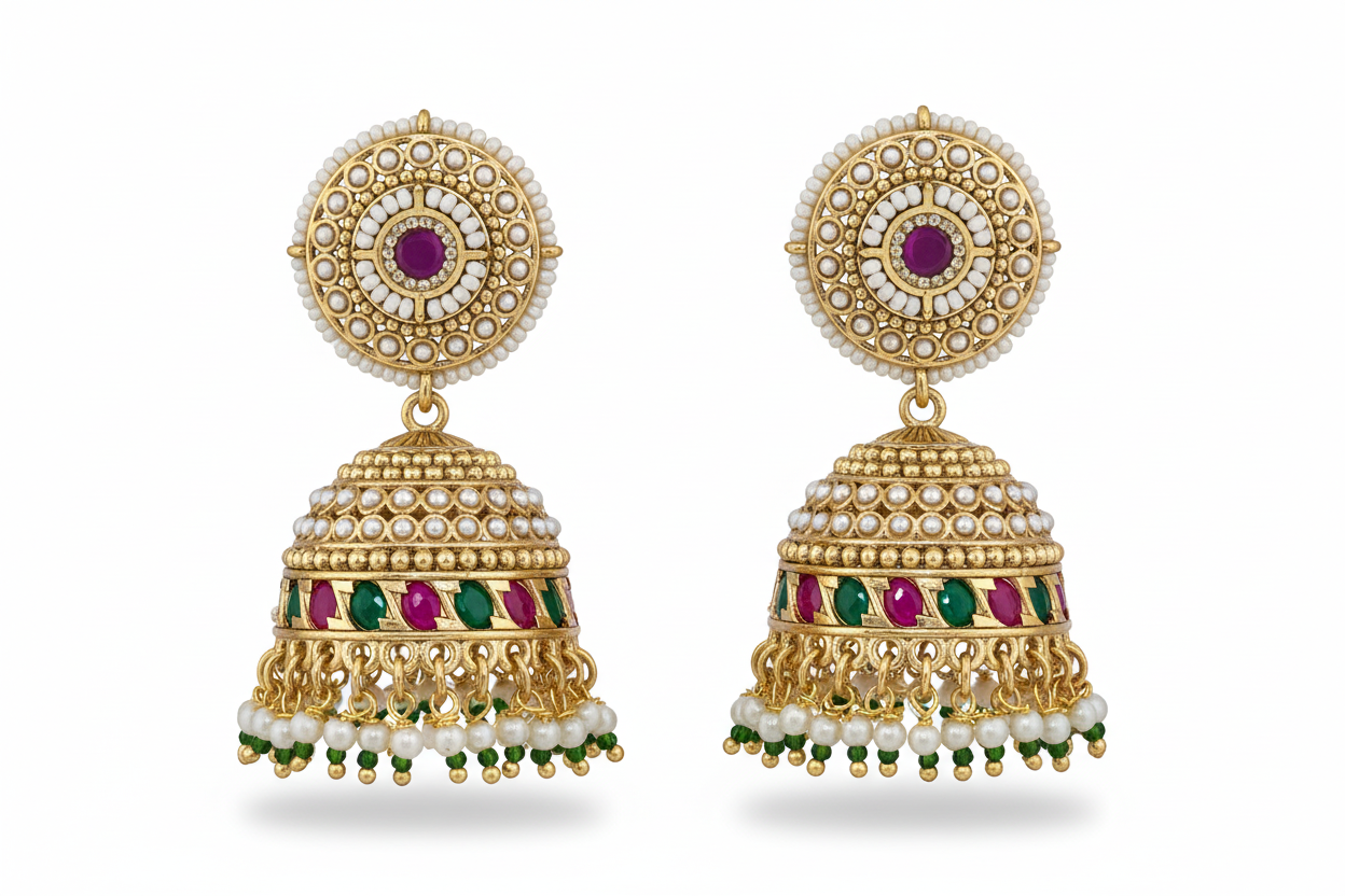 Pair of gold earrings with gemstones and pearls on a white background