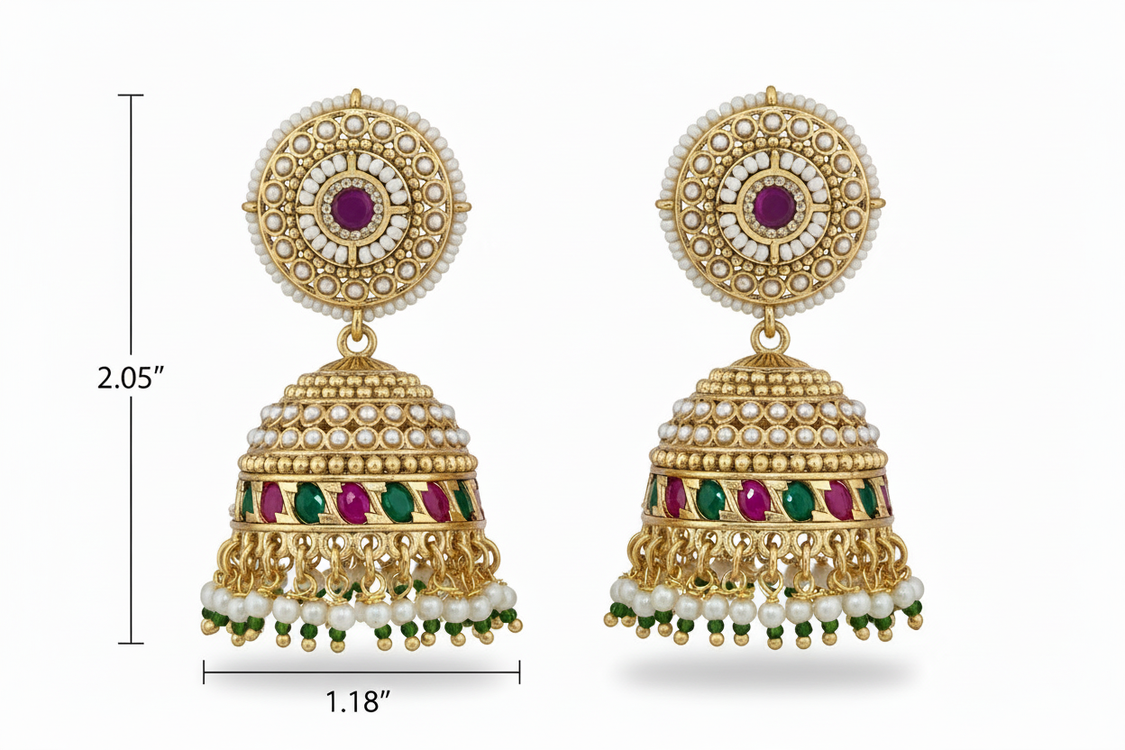 Pair of gold earrings with gemstones and pearls, shown with measurements on a white background.