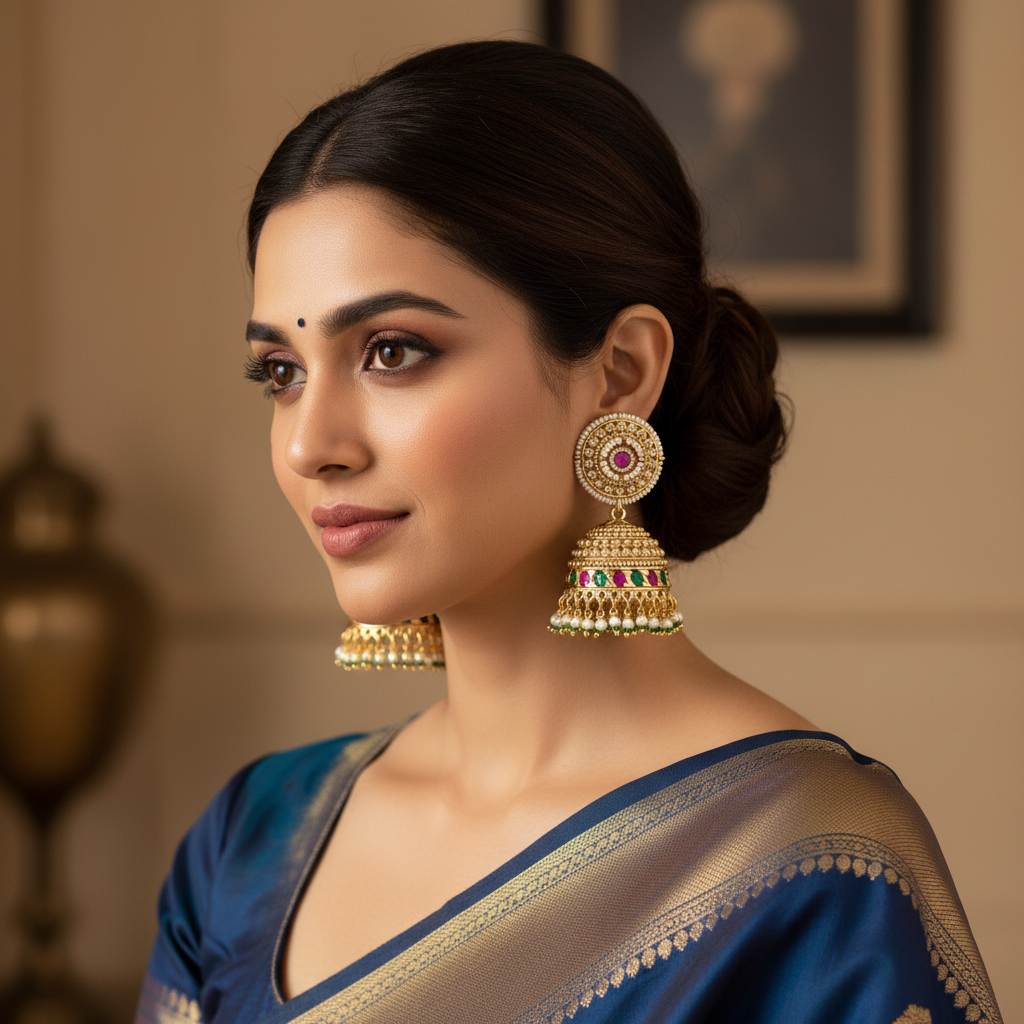 Woman wearing traditional gold earrings and a blue saree with a neutral background