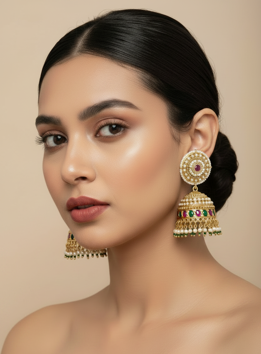 Gold Plated Temple Jhumka Earrings – Pearl Ruby Green Stone Bridal Jewelry