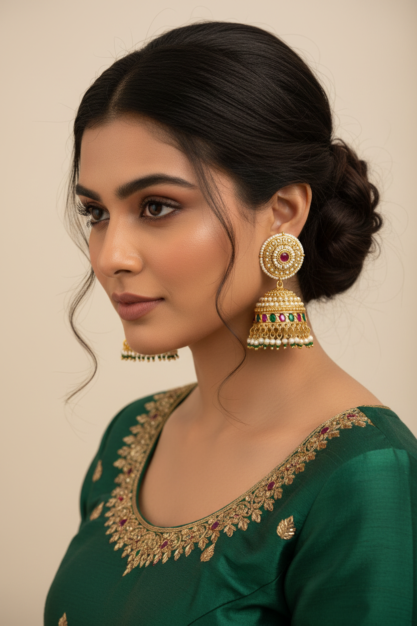 Gold Plated Temple Jhumka Earrings – Pearl Ruby Green Stone Bridal Jewelry