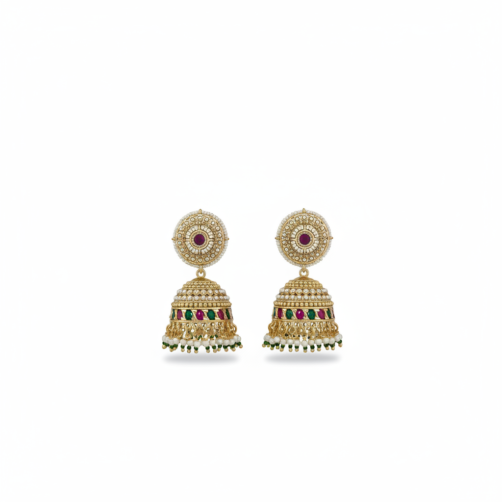 Gold Plated Temple Jhumka Earrings – Pearl Ruby Green Stone Bridal Jewelry
