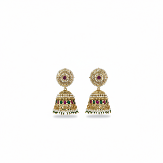 Gold Plated Temple Jhumka Earrings – Pearl Ruby Green Stone Bridal Jewelry