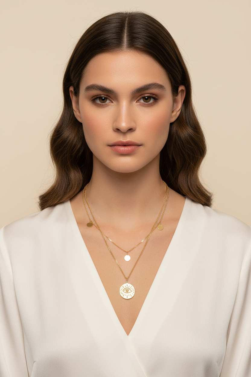 Woman wearing multiple gold necklaces on a beige background
