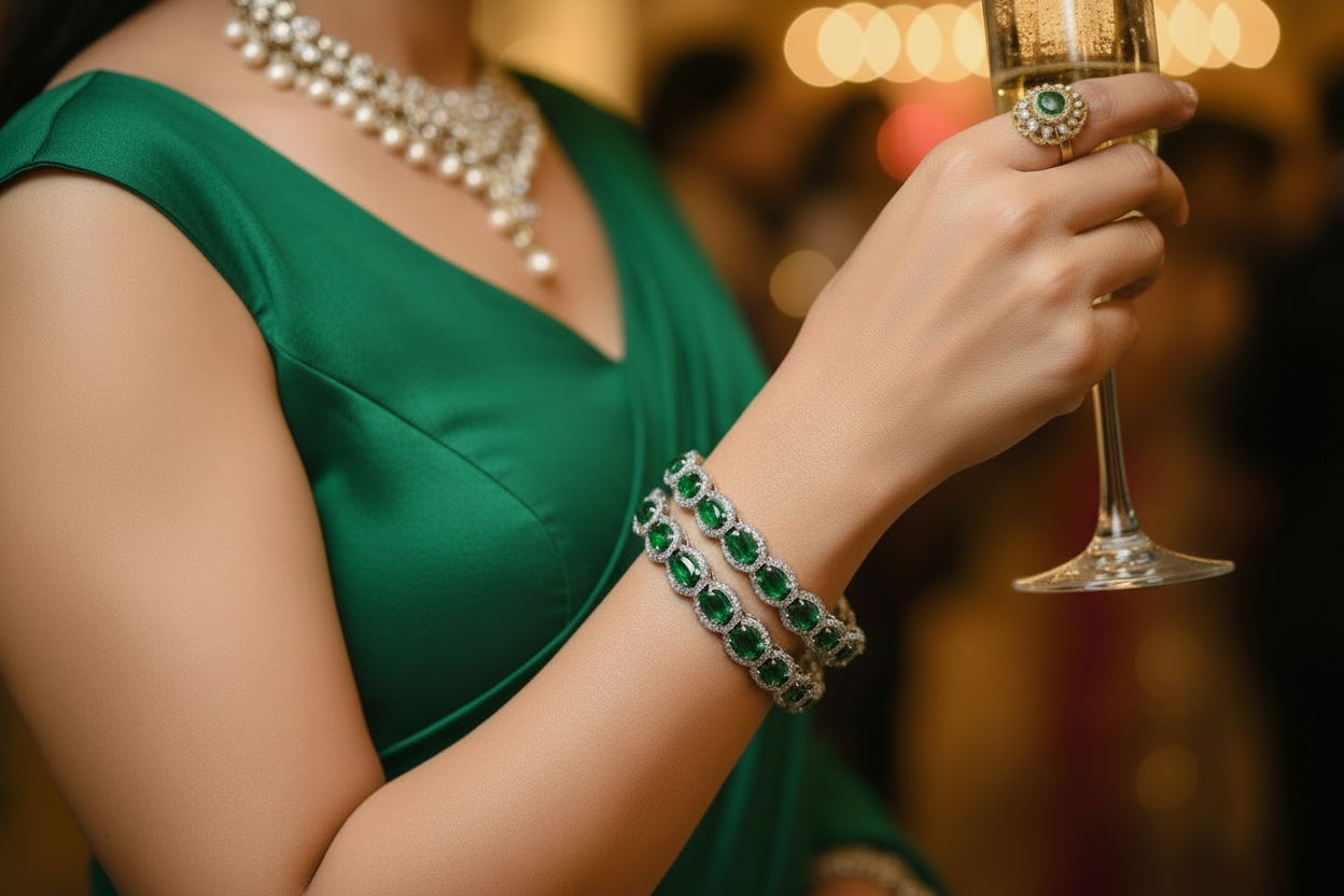 Woman in green dress holding a glass with jewelry on a blurred background