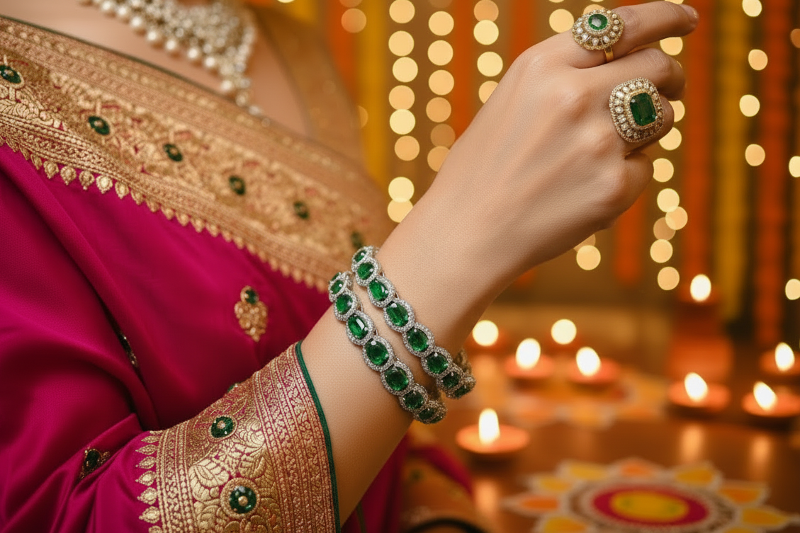 Person in a blue dress holding a glass with jewelry, blurred background