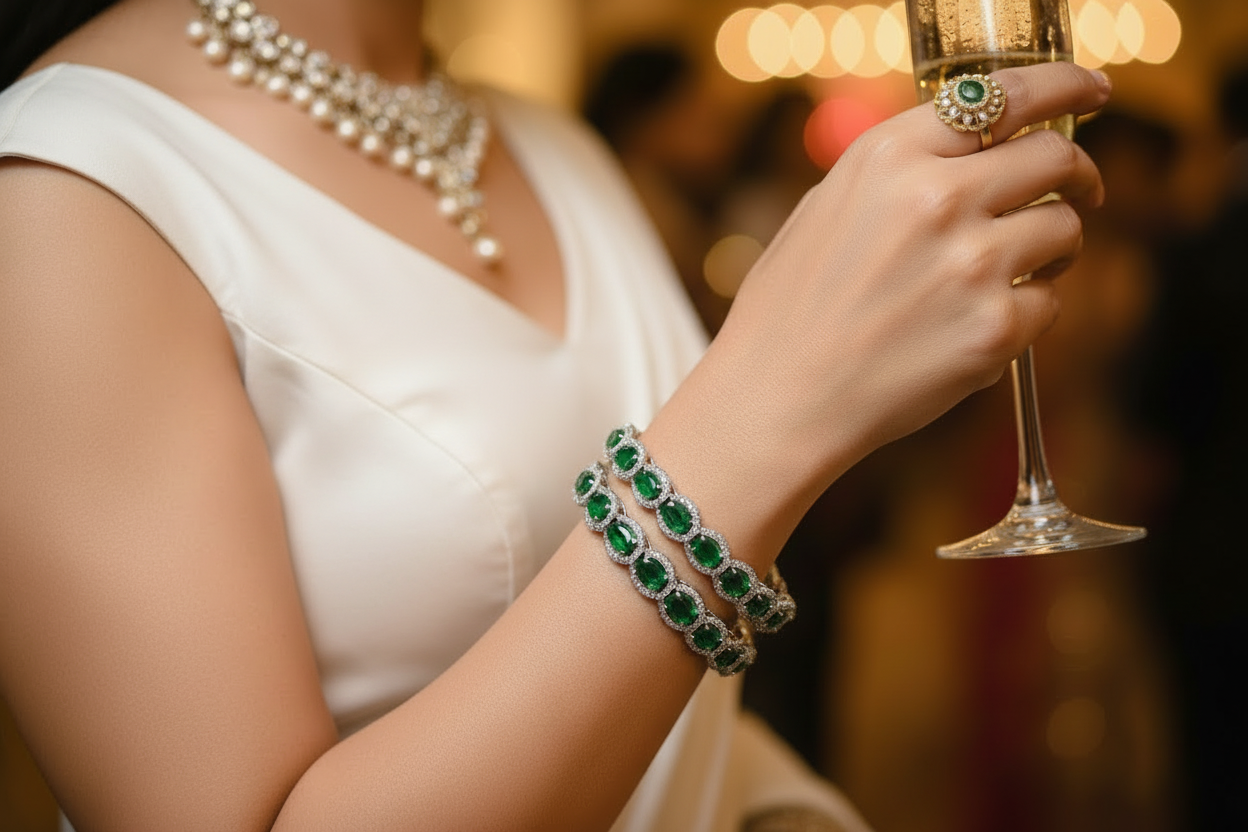 Person holding a glass of champagne with jewelry on a blurred background