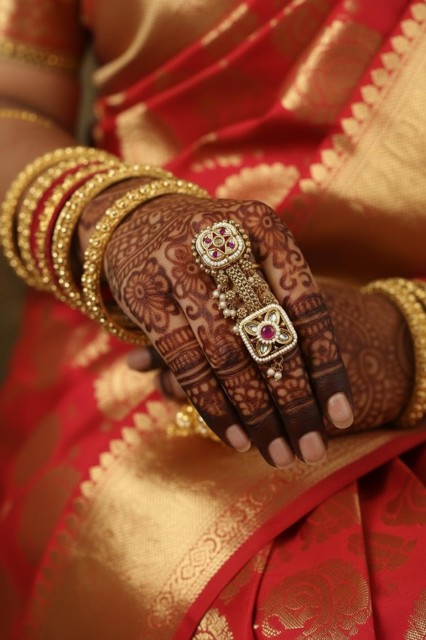Women Hand wearing antique double band chain ruby red ring with intricate henna design wedding jewelry against a red and gold saree background