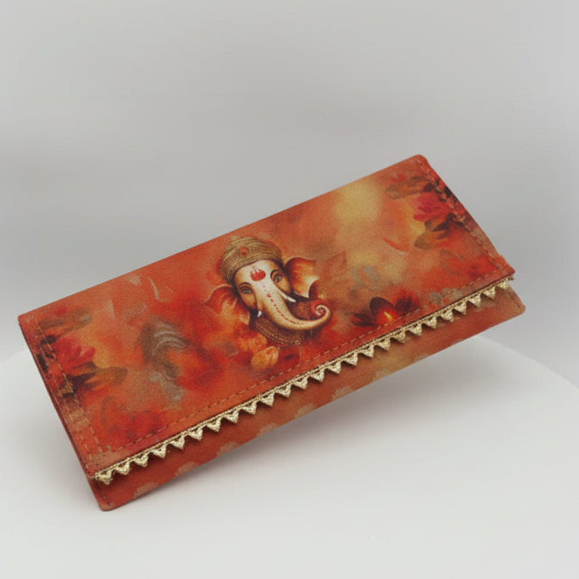 Decorative wooden envolope gift purse with artistic design on a white background