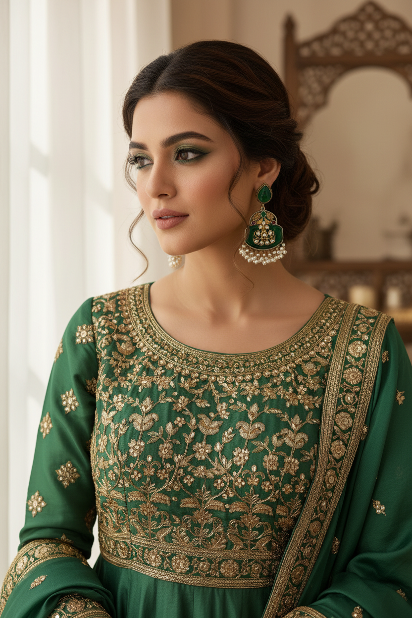 Emerald Green Temple Earrings with Pearl Fringe - Antique Gold Kundan Chandbali