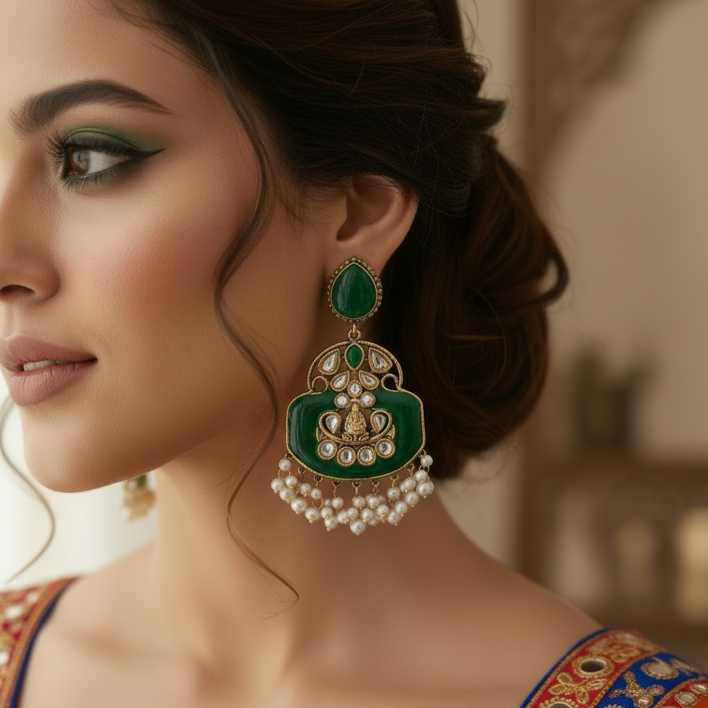 Emerald Green Temple Earrings with Pearl Fringe - Antique Gold Kundan Chandbali