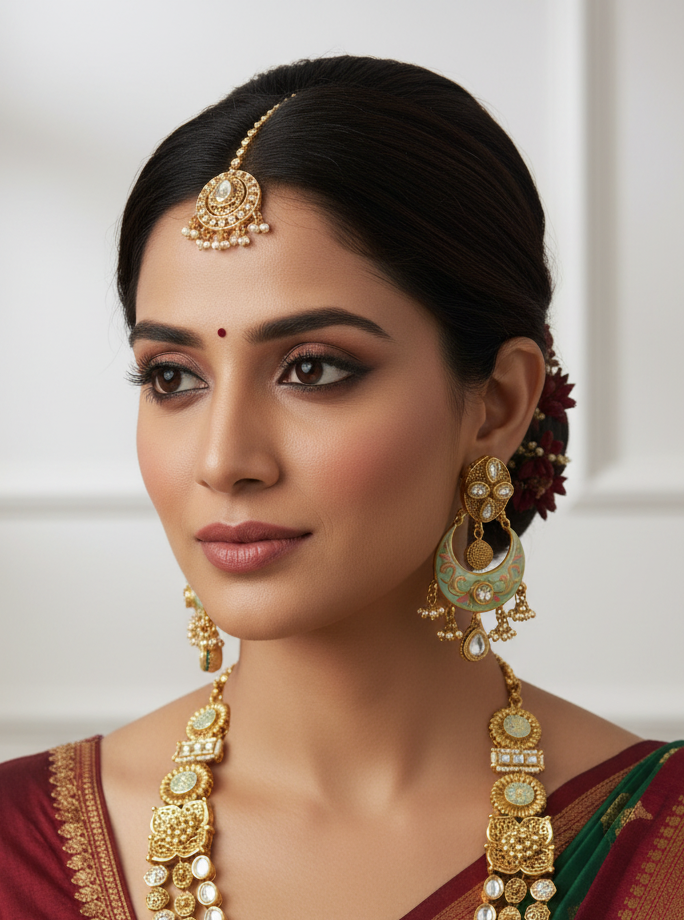 Temple Jewelry Necklace Set Antique Gold Kundan Meenakari with Chandbali Earrings