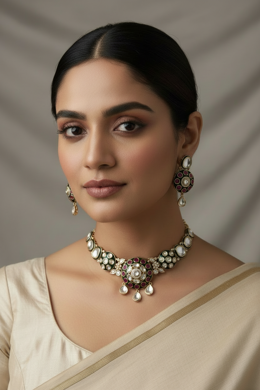 Kundan Polki Temple Necklace Set with Ruby & Green Stones Traditional Chandbali Earrings Bridal Jewelry