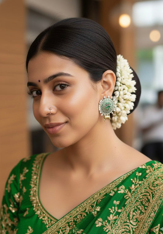 Woman wearing a green traditional outfit with gold embroidery, white earrings, and a bun hairstyle.