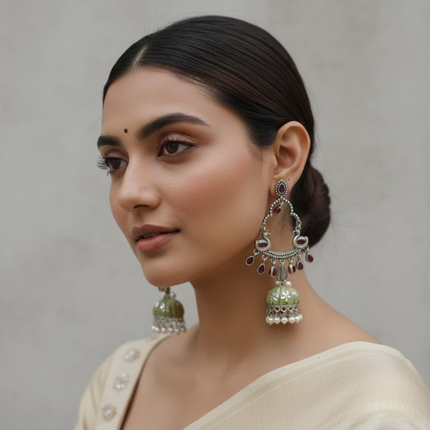 Pair of silver earrings with intricate designs on a white background