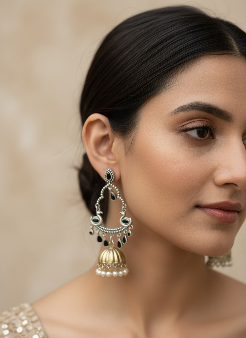 Pair of silver earrings with intricate designs on a light gray background