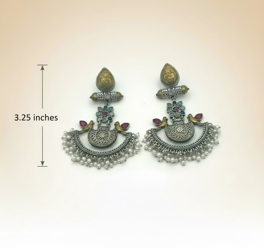 Ornate earrings with floral designs and pearl-like elements on a white background