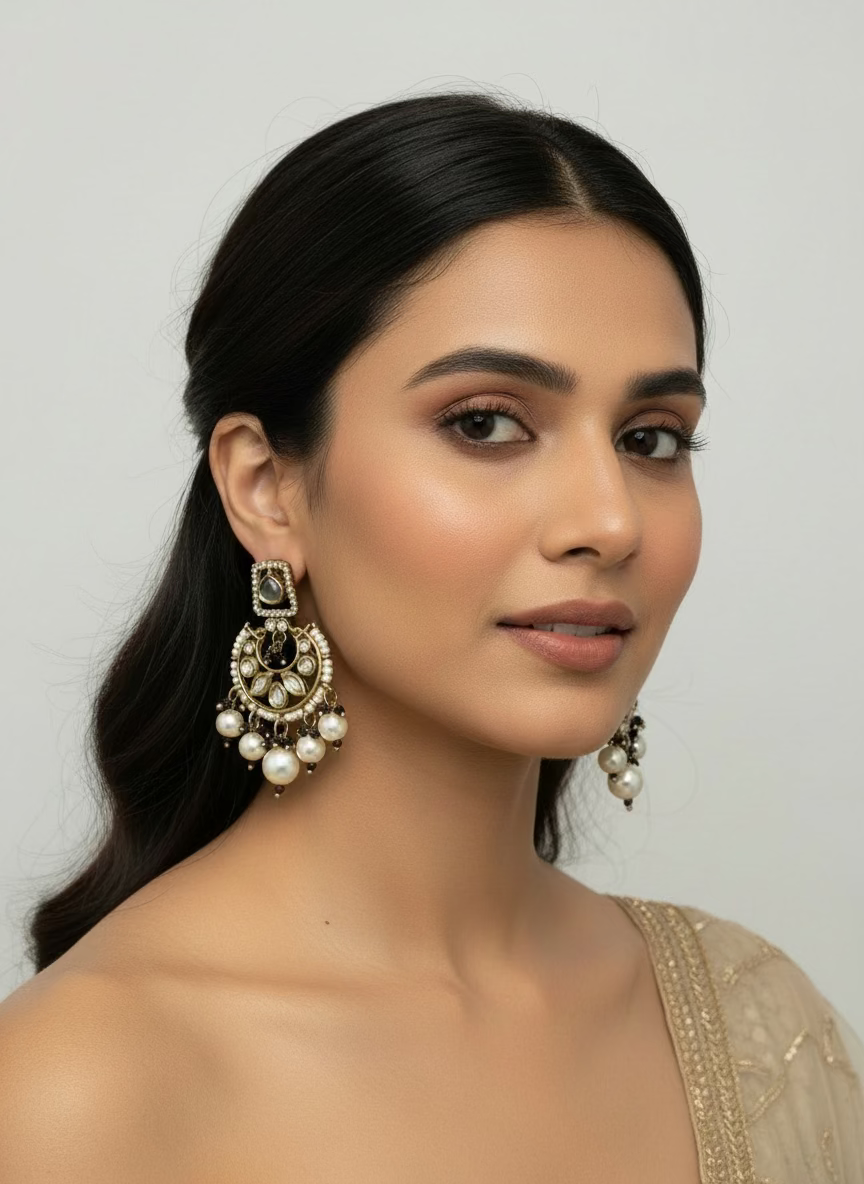 Pair of ornate earrings with pearls on a light gray background