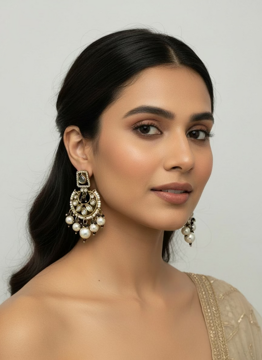 Pair of ornate earrings with pearls on a light gray background