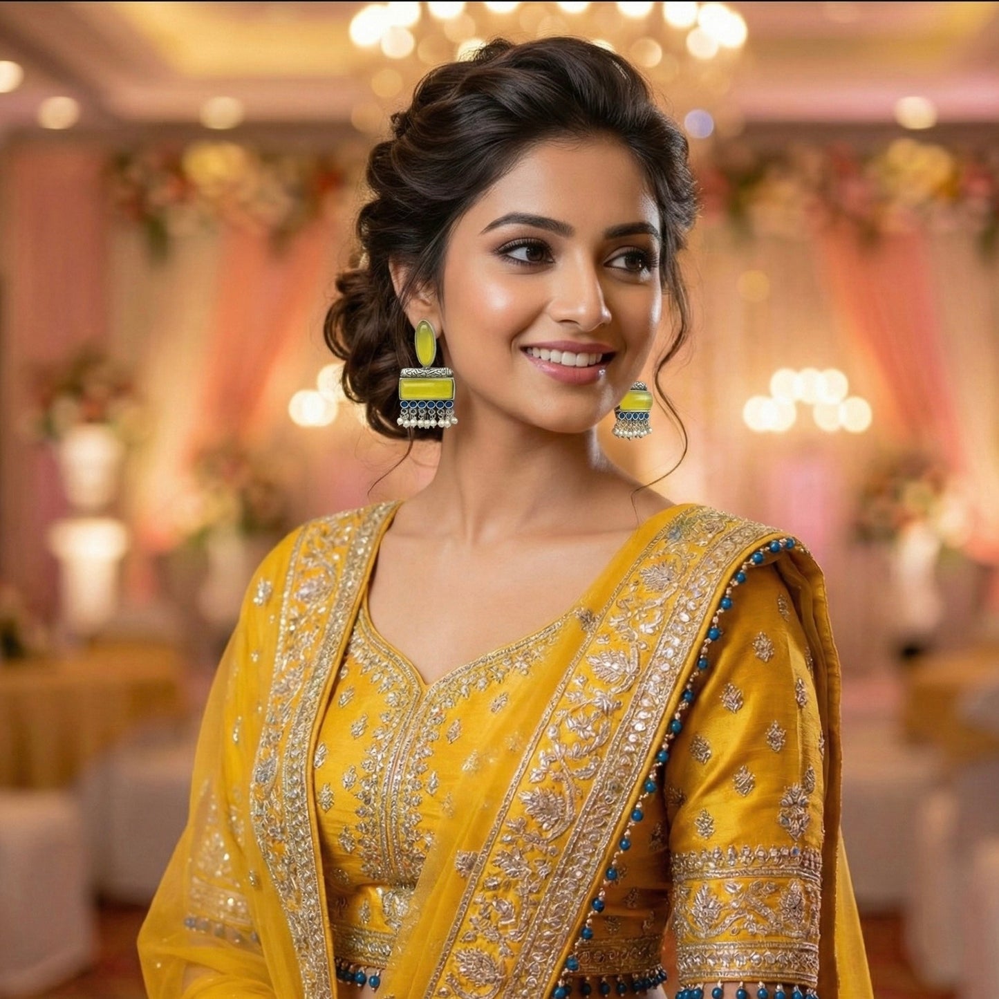 Woman in a yellow traditional outfit with intricate designs in a decorated indoor setting.