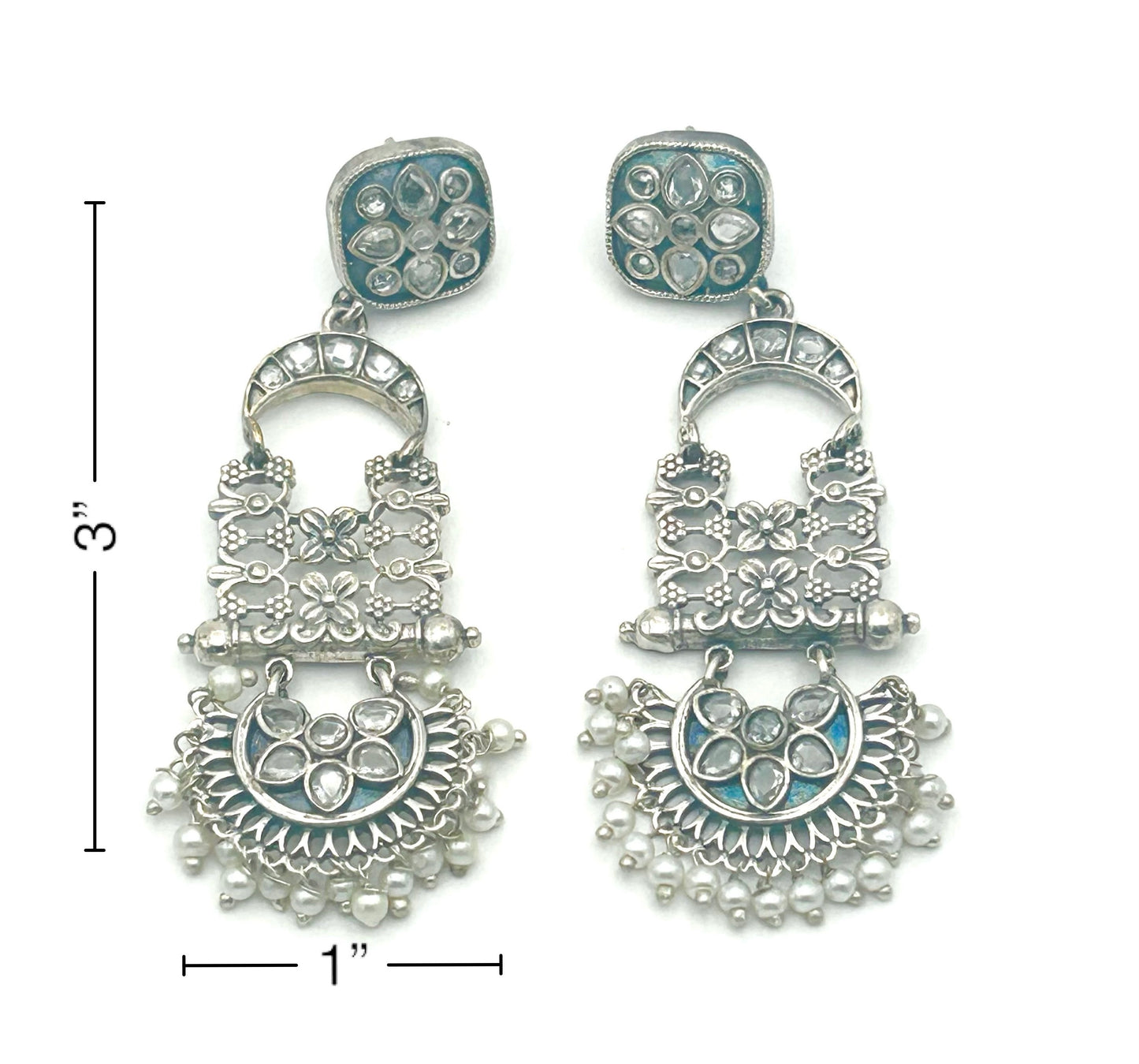 Pair of silver earrings with intricate designs and pearl-like beads, shown with measurements on a white background.