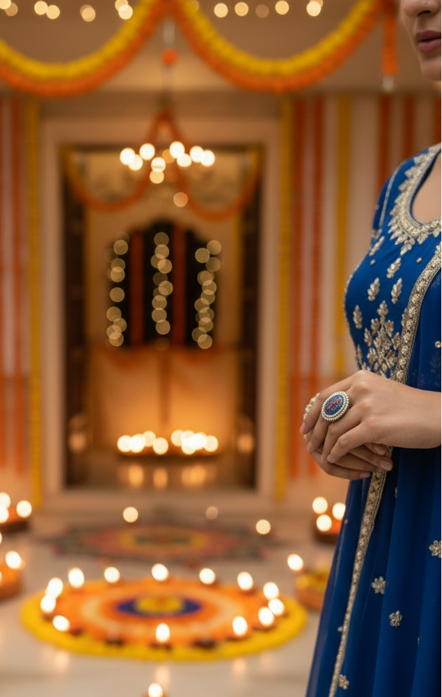 Woman in a blue embroidered dress holding a decorative item, with a festive background featuring lights and decorations.