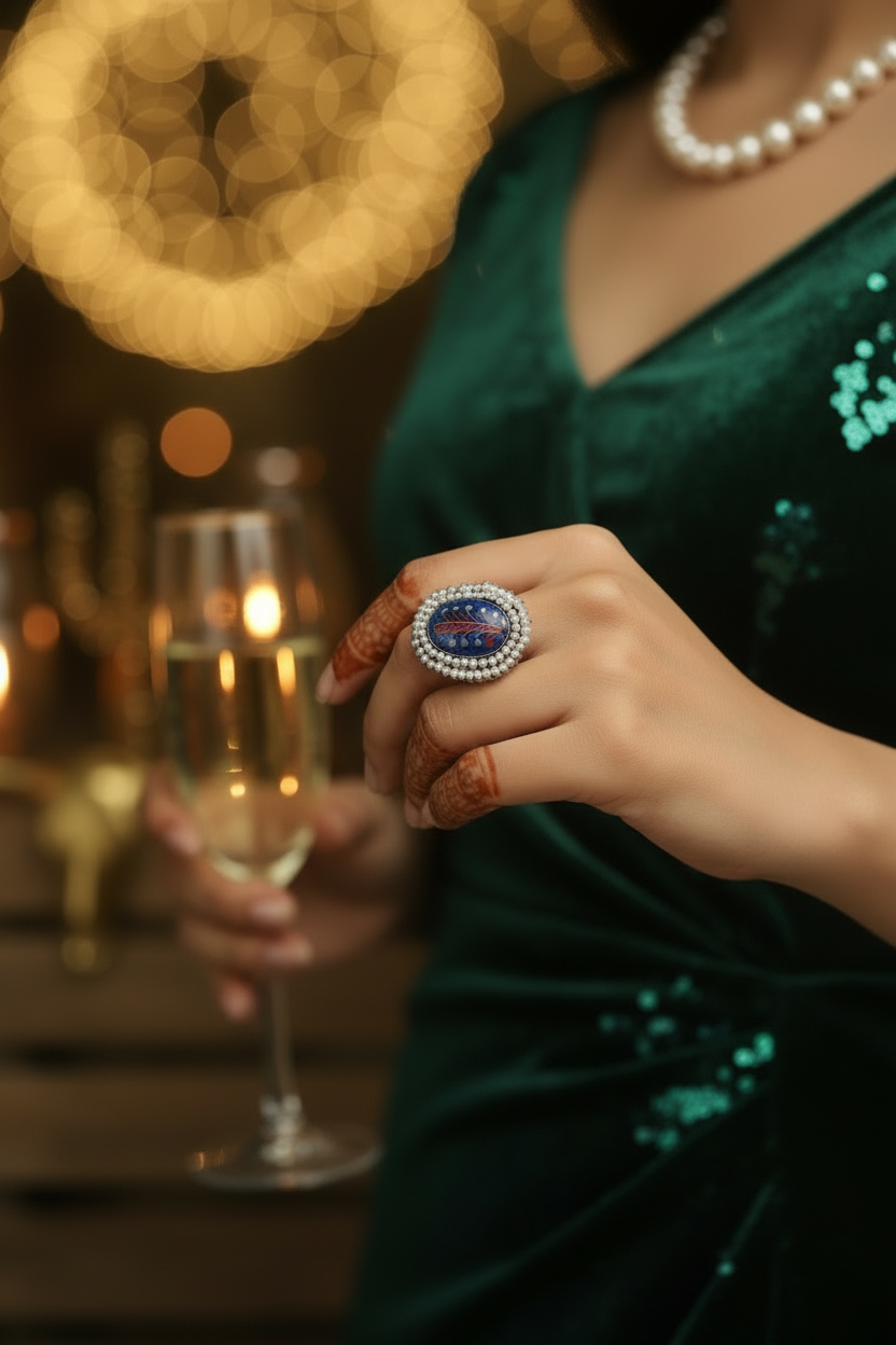 Person in a green dress with a large ring holding a glass in a dimly lit setting
